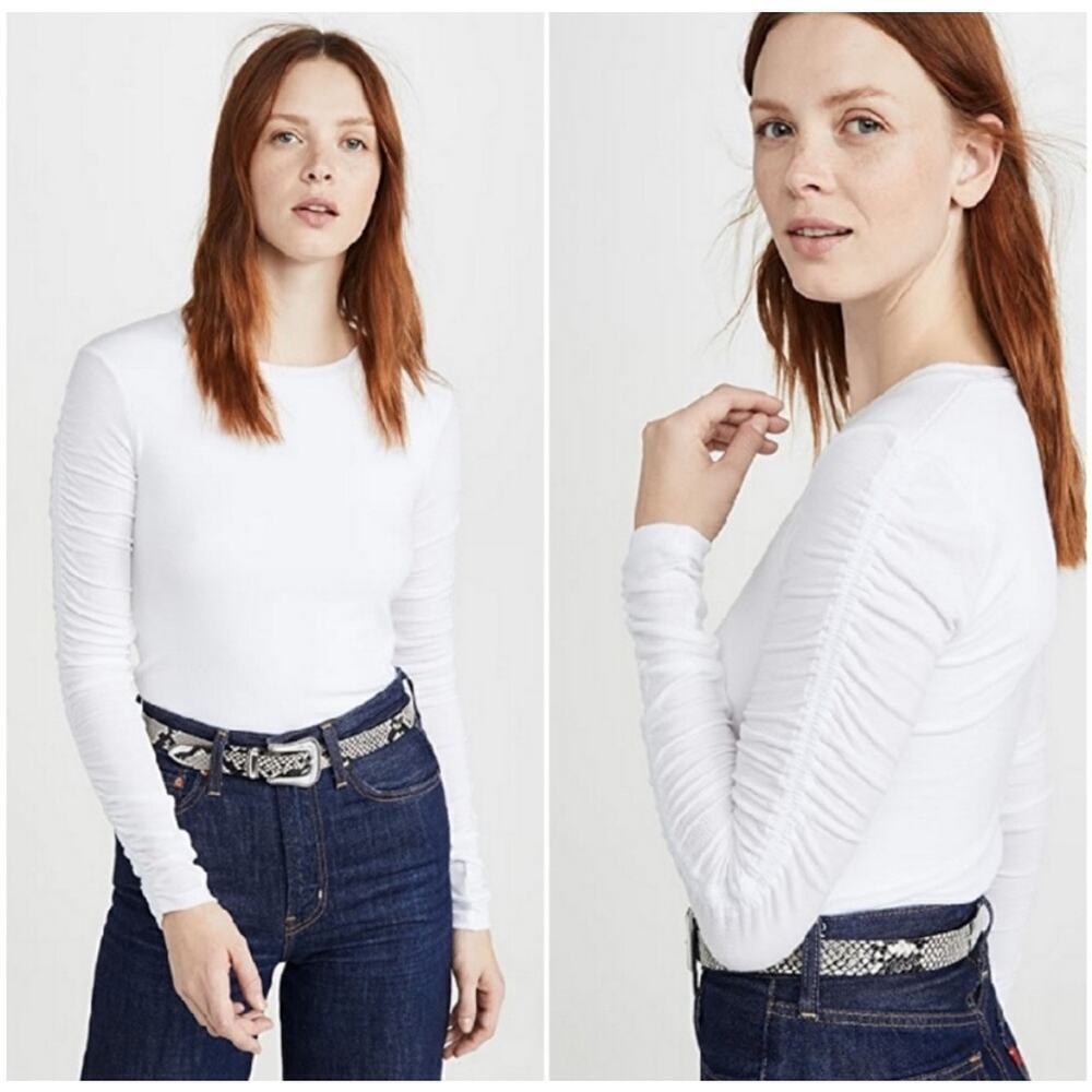 Veronica Beard Jeans White Clement Top Women's L Ruched Long Sleeves NEW